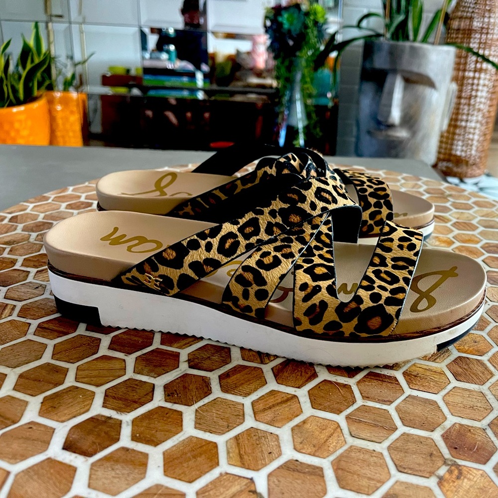 Sam Eldelman leopard print calf hair sandals.